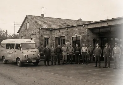 Belegschaft und Firmenfahrzeug vor dem Betriebsgebäude, um 1960